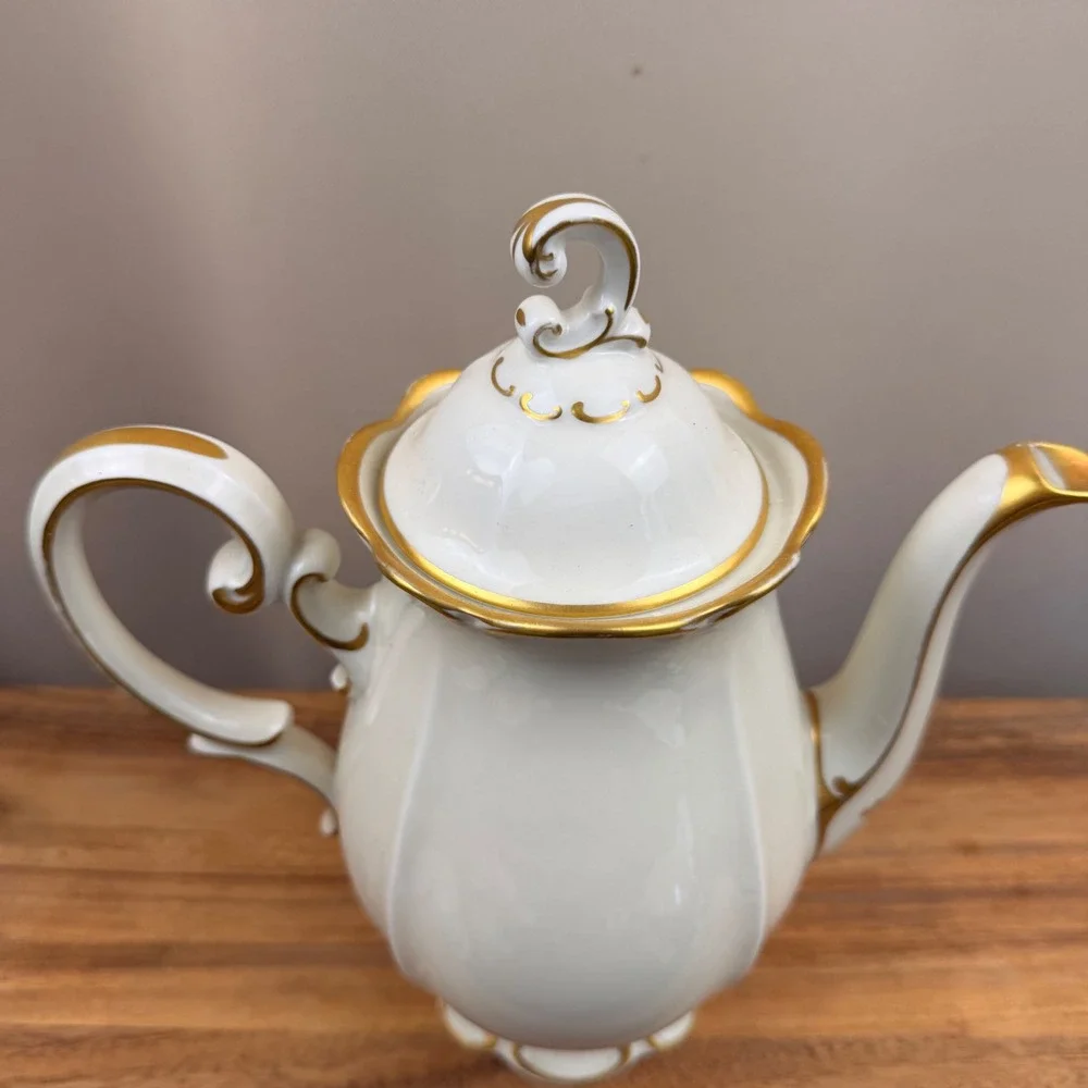 Vintage Johann Haviland Antoinette Bavaria Teapot Gold Trim White Porcelain